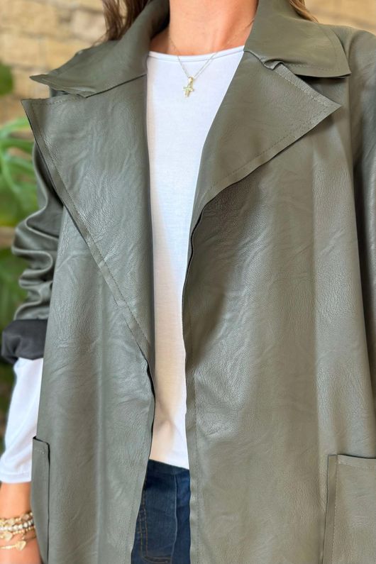 Made in Italy Runa Leather Look Relaxed Blazer Khaki